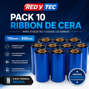 Pack 10 Ribbon de Cera 110mm x 300mts para Etiquetas y Código de Barras - Alto Rendimiento / Negro