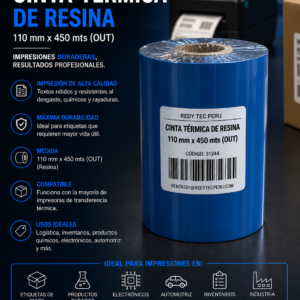 Cinta Térmica de Resina 110 mm x 450 mts (OUT) – Ribbon de Alta Durabilidad para Impresión Industrial