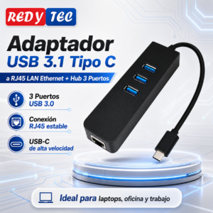 Adaptador USB 3.1 Tipo C a RJ45 Ethernet + Hub 3 Puertos USB
